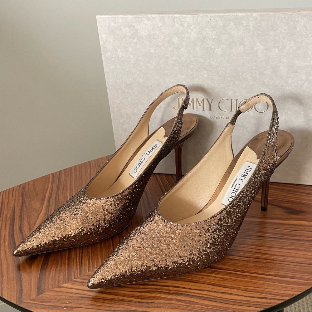 Jimmy Choo Glitter Pointed Slingback Heels - Bronze Size 39.5, 3.5” heel